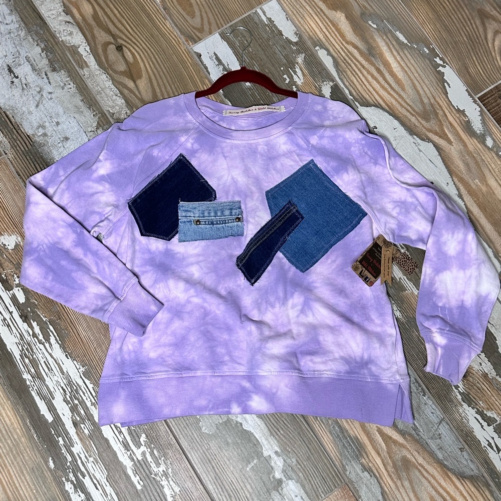 Handmade Upcycled Repurposed Rework Tie Dye Purple Denim Sweatshirt Gypsy Hippie